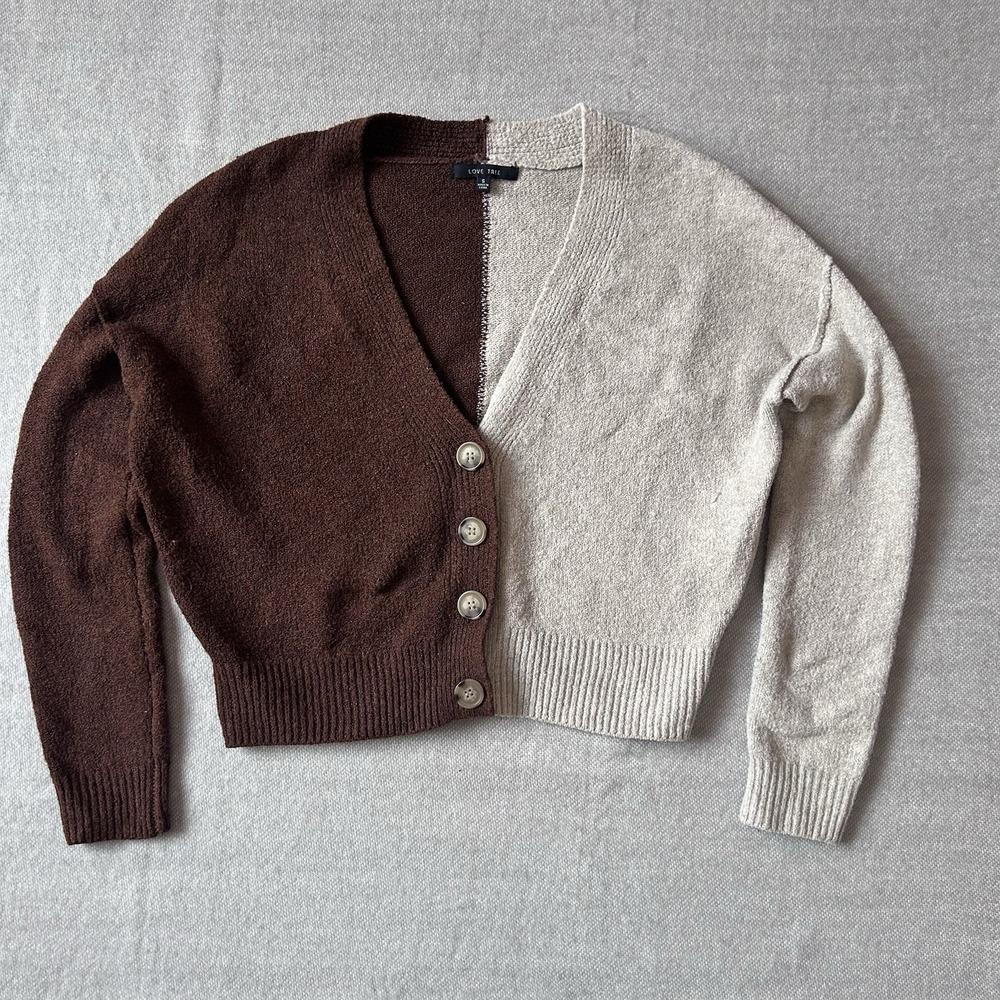 Love Tree Two-Tone Cropped Cardigan Small Brown Cream Colorblock 19" L Small - Picture 2 of 4